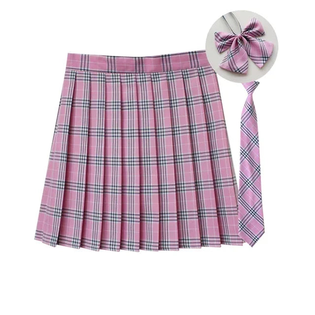 Women Summer Plaid Pleated Skirt With Necktie Bowtie Korean Jk Skirt Uniform Japanese School Preppy A Line Mini Skirts - Matrix-studios.com