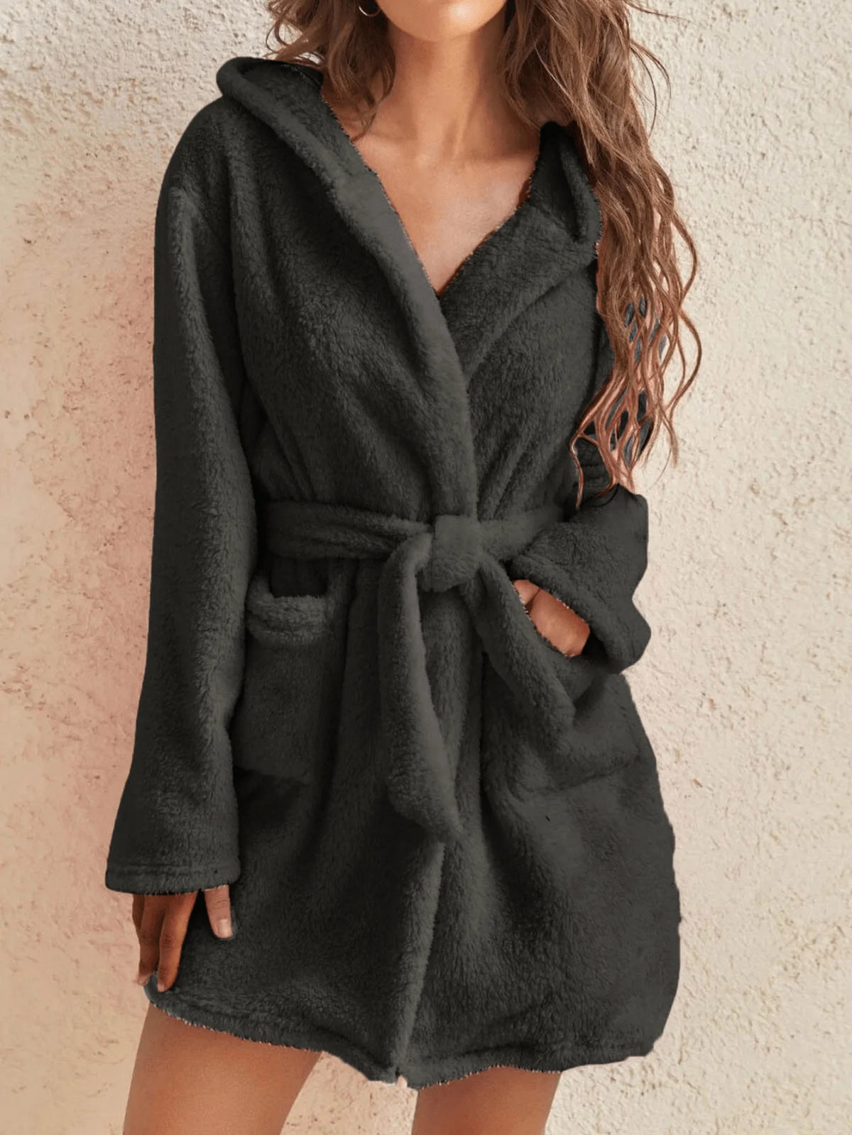 1 piece of women's solid color hooded robe with belt, cozy and warm fleece pajamas for home wear in autumn and winter. - Matrix-studios.com