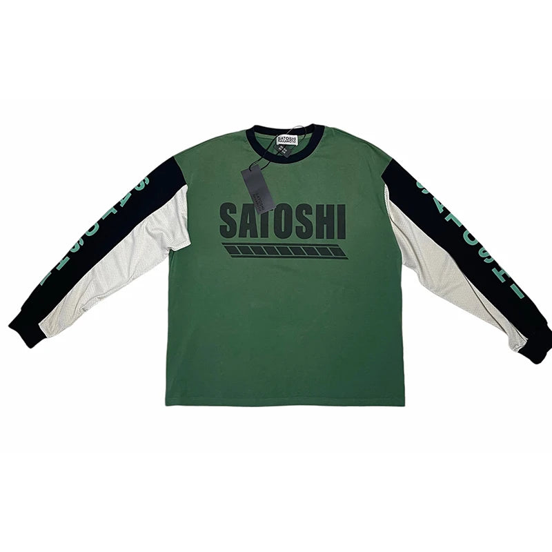 Satoshi Nakamoto Long-Sleeved T-Shirt 26FW Multi-color Patchwork Sleeve Roundneck Letter-Print Tops Loose Casual Design Tee - Matrix-studios.com