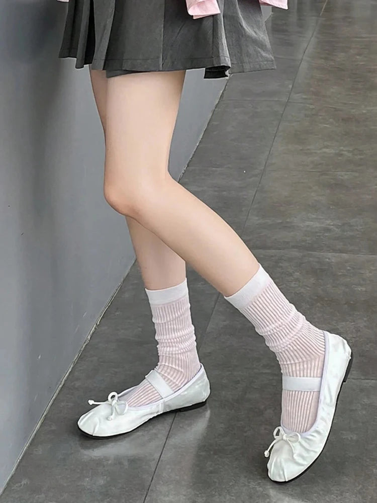 4/8 Pairs Women Solid Color Striped calf Socks Fashion Korean Version Simple Spring Summer Breathable Comfortable Stacking Socks - Matrix Studios