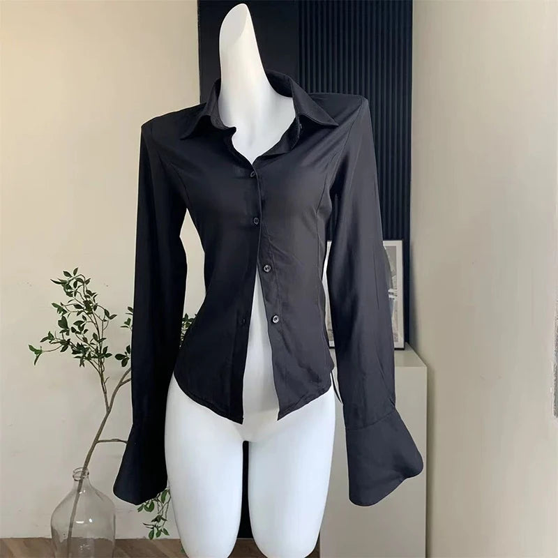 Fashion Lace Up Women Shirts Korean Slim Bell Sleeve White Blouse Spring New Streetwear All Match Ladies Button Tops - Matrix-studios.com