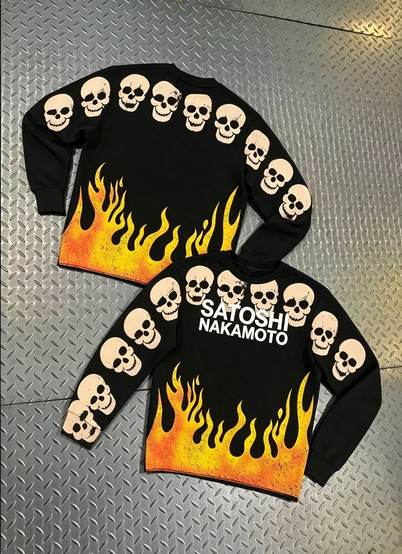 2XL Vintage Flame String Skull Print Washed Black Satoshi Long Sleeved Tshirts Men Women Round Neck Pullover Loose Street Outfit - Matrix-studios.com