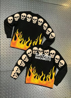 2XL Vintage Flame String Skull Print Washed Black Satoshi Long Sleeved Tshirts Men Women Round Neck Pullover Loose Street Outfit - Matrix-studios.com