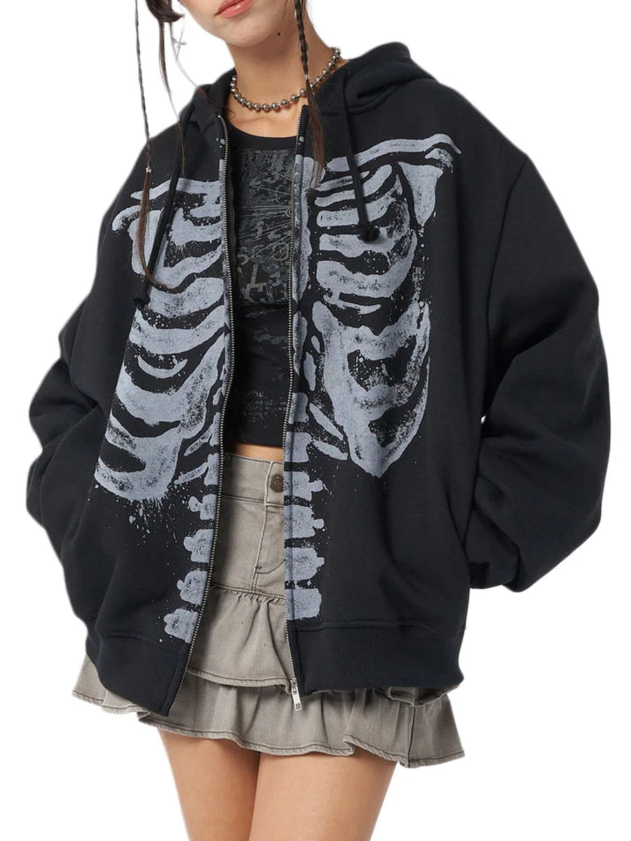 Halloween Women Spring Autumn Casual Hooded Coat Long Sleeve Skull Print Zipper Hoodie Grunge Long Sleeve Top Gothic Sweatshirt - Matrix Studios