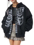 Halloween Women Spring Autumn Casual Hooded Coat Long Sleeve Skull Print Zipper Hoodie Grunge Long Sleeve Top Gothic Sweatshirt - Matrix Studios