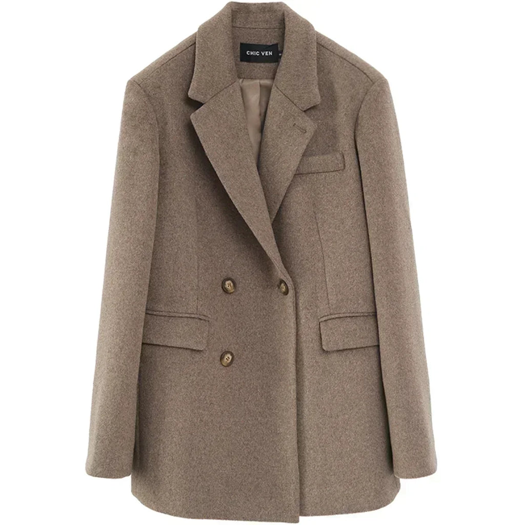CHIC VEN Women Wool Blend Coat Solid Mid Long Woolen Blazer Thick Warm Blouse Women's Overcoat Office Lady Tops Autumn Winter - Matrix-studios.com