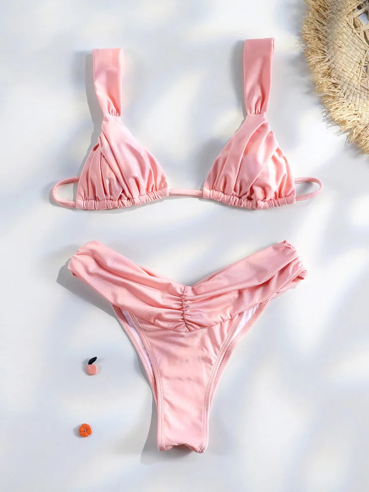 Sexy Folds Bikini Set Solid Micro Bikinis Women Swimsuit Female Triangle Swimwear Beach Wear Bathing Suit - Matrix-studios.com