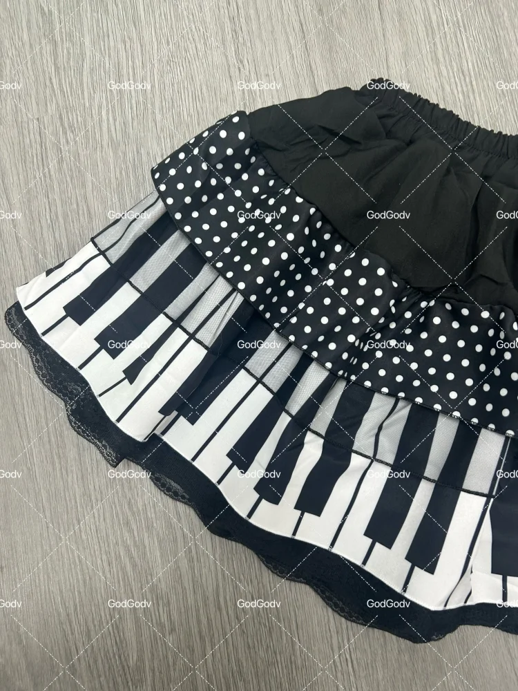 American Vintage Black White Piano Keys Skirts Y2k Slim Waist Ruched A-line Skirt Women 2026 Summer New Korea Style Chic Mujer - Matrix-studios.com