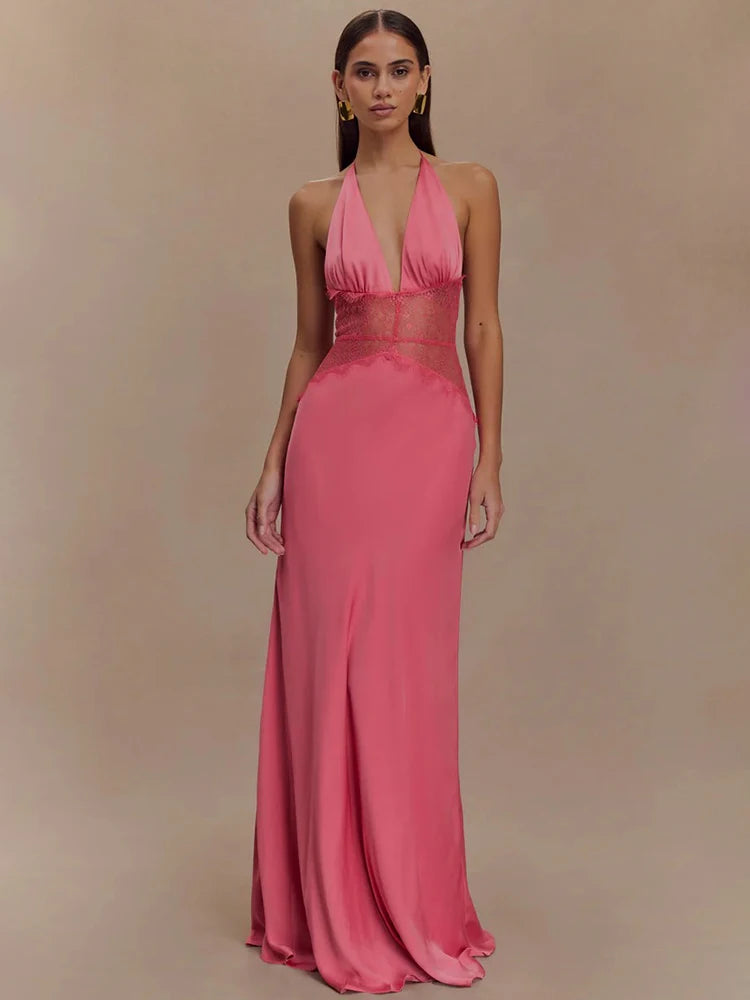 Mozision Summer Backless Sexy Maxi Dress Women Gown Patchwork Lace Halter Deep V Neck Sleeveless High Waist Elegant Long Dress - Matrix-studios.com