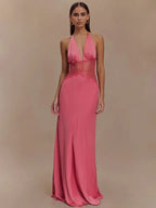 Mozision Summer Backless Sexy Maxi Dress Women Gown Patchwork Lace Halter Deep V Neck Sleeveless High Waist Elegant Long Dress - Matrix-studios.com
