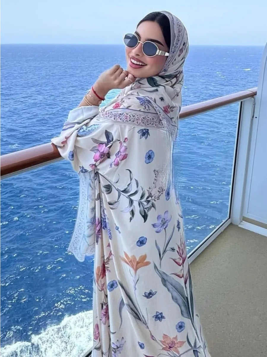 Eid Women Abaya Flower Print Open Cardigan Scarf Party Dress Muslim Long Sleeve Jalabiya Ramadan Abayas Kaftan Arab Long Robe - Matrix-studios.com