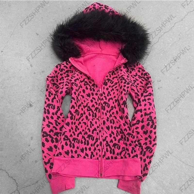 Pink leopard print hooded zipper long-sleeve sweatshirt for spring and autumn comfortable slim fit fashionable street wear 2000s - Matrix Studios