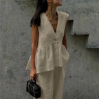 Fashion Women's Trouser Suits Sleeveless V-Neck Top Women Casual Straight Pants Sets Summer Women's Suit Commuter 2 Piece Set - Matrix-studios.com