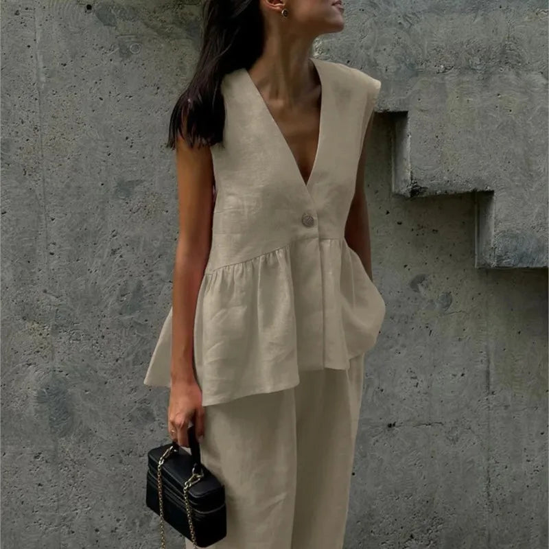 Fashion Women's Trouser Suits Sleeveless V-Neck Top Women Casual Straight Pants Sets Summer Women's Suit Commuter 2 Piece Set - Matrix-studios.com