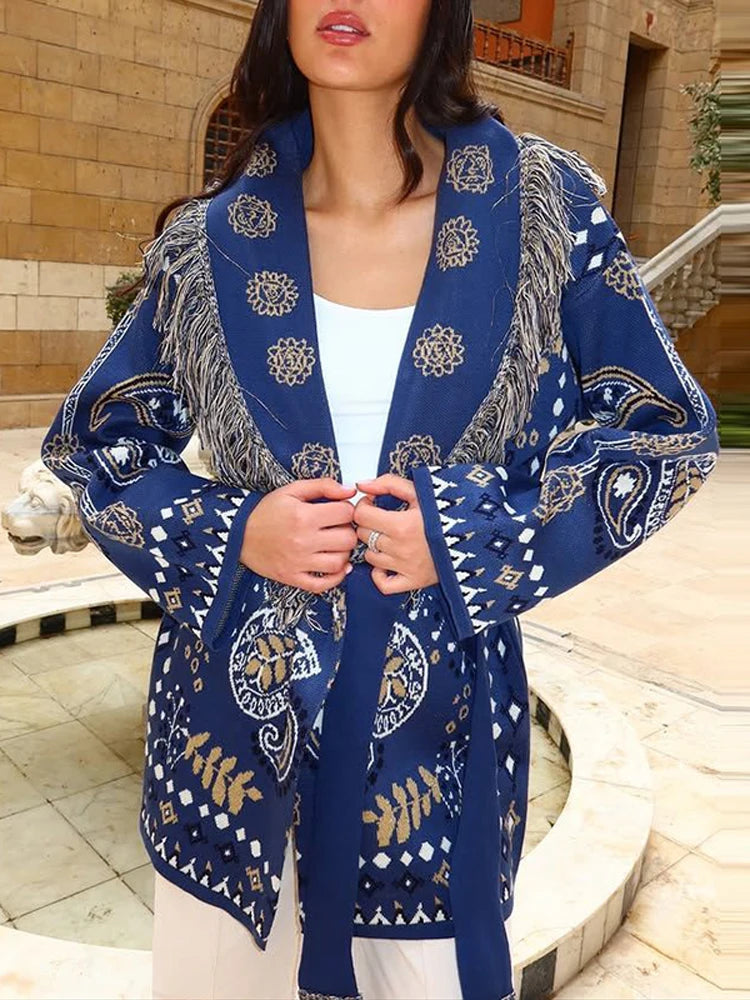 Jacquard Cardigan Women V-Neck Tie Waist Cardigans Long Sleeve Knit Sweater Waist Cuff Casual Autumn Fashion Trendy Streetwear - Matrix Studios
