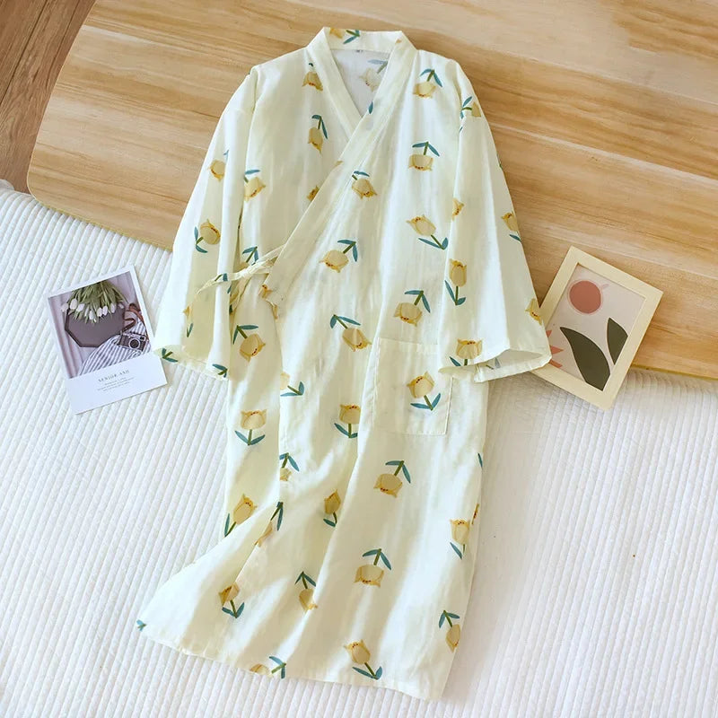 Japanese-style Kimono Pajamas Summer New 100% Cotton Gauze Pajamas Nightgown Ladies SPA Yukata Homewear Long Pajamas Women - Matrix-studios.com