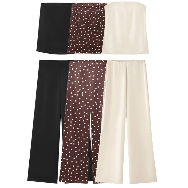 HXAO Satin Pant Sets Women's Two Pieces Set Strapless Off Shoulder Tube Vest 2 Piece Sets Woman Outfit High Waist Trousers Sets - Matrix-studios.com