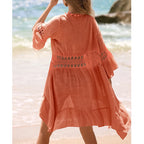Lightweight Breathable Tassel Tie Up Cardigan, Beach Vacation Bikini Cover-Up Dress, Sexy Fitted Style, Plain Pattern - Matrix Studios