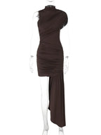 Mozision Irregular Draped Ruched Sexy Mini Dress For Women Elegant Turtleneck Sleeveless High Waist Pleated Club Party Dress - Matrix-studios.com