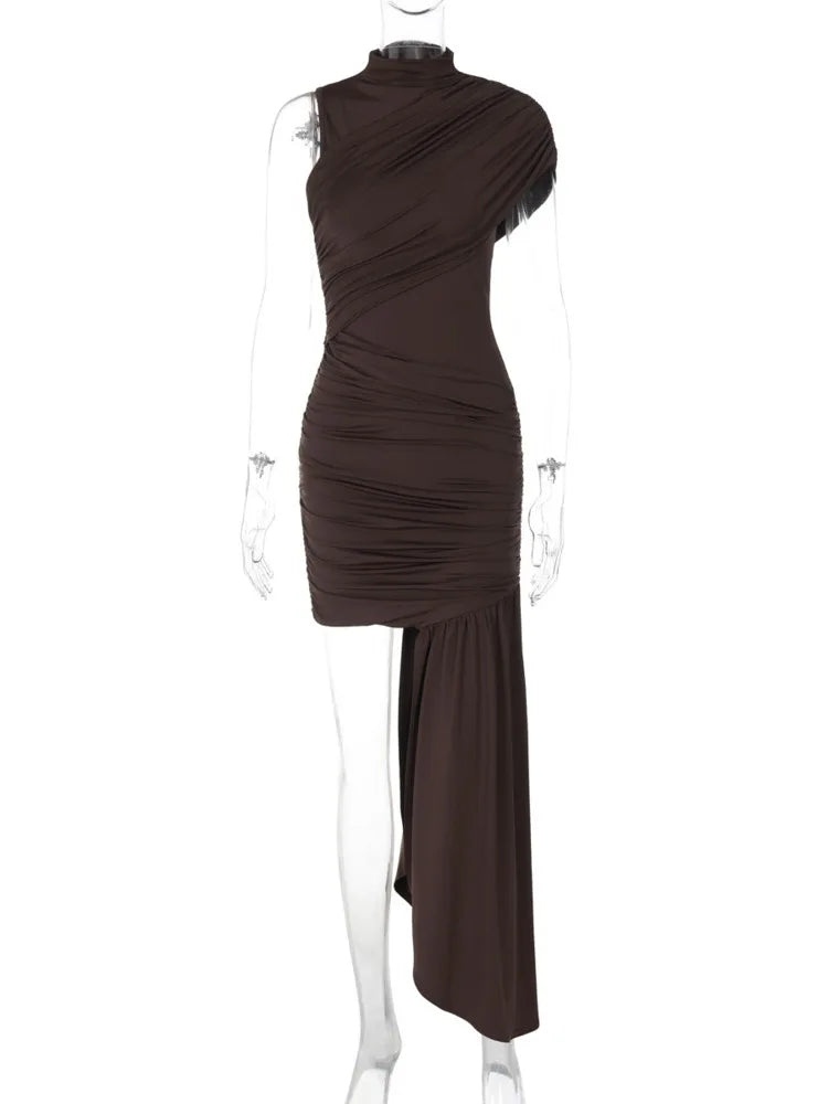 Mozision Irregular Draped Ruched Sexy Mini Dress For Women Elegant Turtleneck Sleeveless High Waist Pleated Club Party Dress - Matrix-studios.com