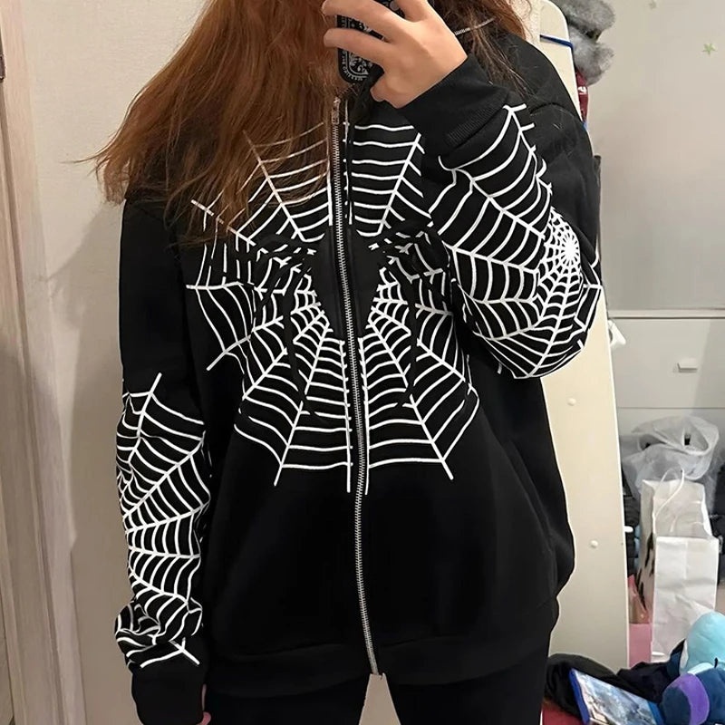 Y2k Rhinestone Skeleton Hoodies Women Gothic Black Zip Up Oversized Sweatshirts Female Retro Harajuku Hooded Jackets Streetwear - Matrix Studios