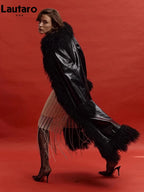 Lautaro Spring Autumn Long Black Shiny Patent Pu Leather Coat Women with Faux Fur Trim Luxury Designer Clothing European Fashion - Matrix Studios