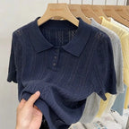 Summer Women's Thin Knit Polo Shirt Hollow-Out Short Sleeve Top Knitted T-shirts  for Women Korean Fashion Elegant Knitwear - Matrix-studios.com