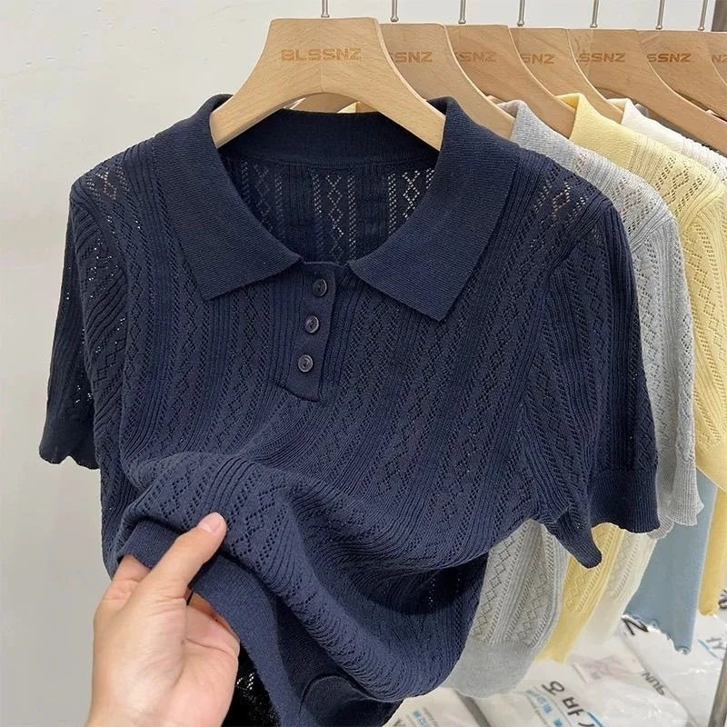 Summer Women's Thin Knit Polo Shirt Hollow-Out Short Sleeve Top Knitted T-shirts  for Women Korean Fashion Elegant Knitwear - Matrix-studios.com
