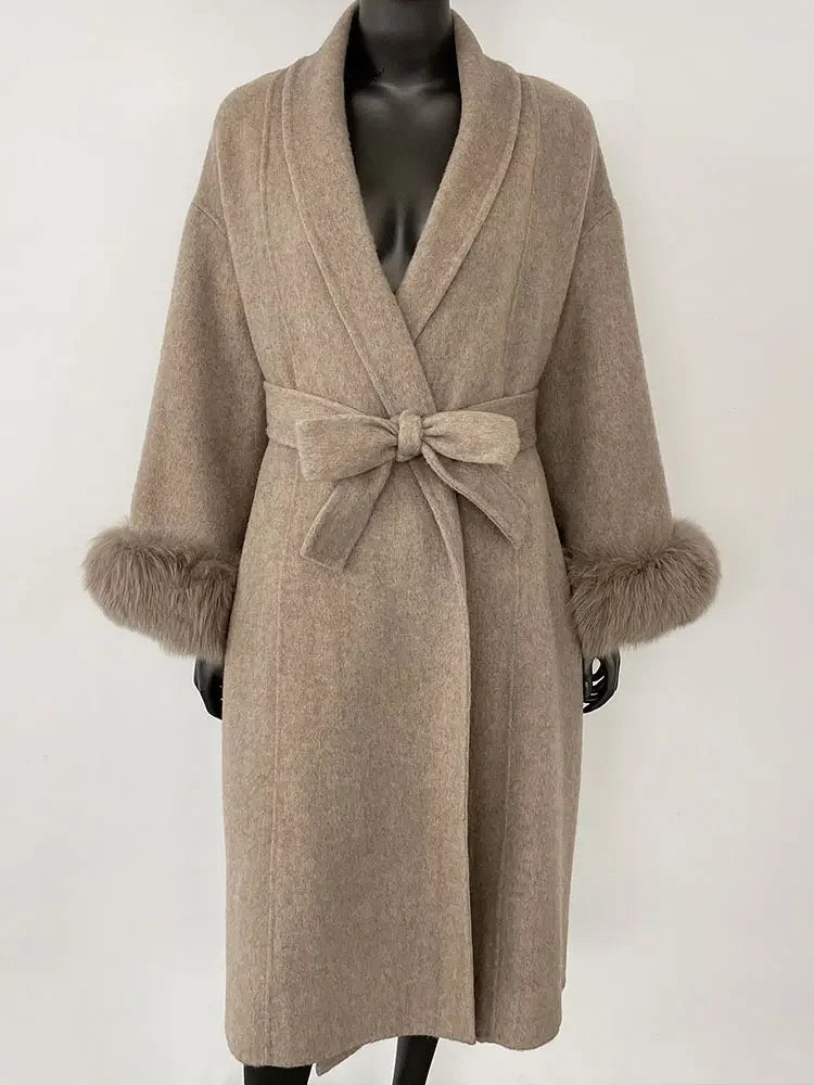 OFTBUY Oversize Loose Autumn Winter Women Coat Real Natural Fox Fur V-neck Woolen Blends Jacket Thick Warm Casual New Overwears - Matrix Studios