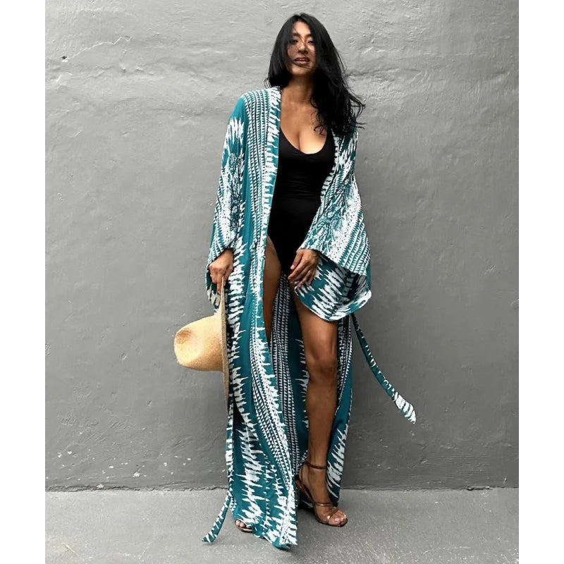 Beach Cover Ups Women Tie Dye Printed Kimono Cardigan Self Belted Wrap Dresses Summer Holiday Bathing Suits - Matrix Studios