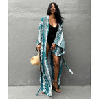 Beach Cover Ups Women Tie Dye Printed Kimono Cardigan Self Belted Wrap Dresses Summer Holiday Bathing Suits - Matrix Studios