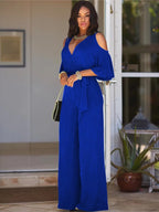 Spring Summer Solid Color Women Sexy Deep V Neck Short Sleeve Rompers Fashion Slim Fit Lace Up Elegant Female Wide Leg Jumpsuit - Matrix Studios