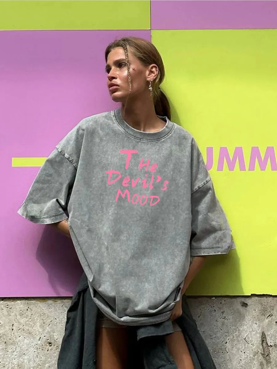 Fashion Womans Cotton Washed T-shirts The Devil's Moon Letter Prints Tops Casual O-Neck Oversize Tees Street Female Clothes - Matrix-studios.com