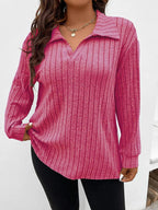 GIBSIE Plus Size Tshirt for Women Spring Fall Polo Collar Long Sleeve T-Shirt Female Casual Ribbed Knit Solid Tee Tops 2023 - Matrix-studios.com
