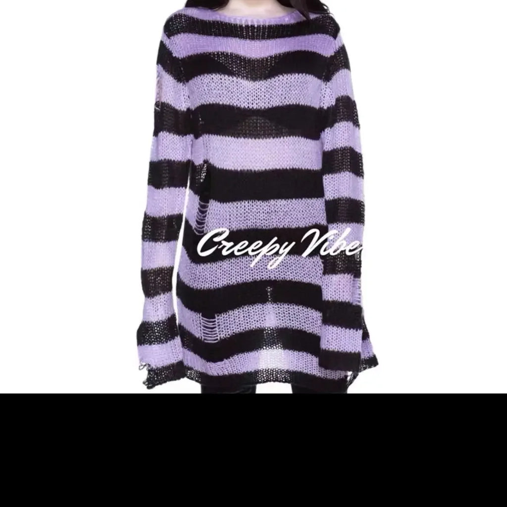 New Streetwear Top Punk Gothic Long Unisex Sweater Summer Women Striped Cool Hollow Out Hole Broken Jumper Loose Rock Thin Dark - Matrix Studios