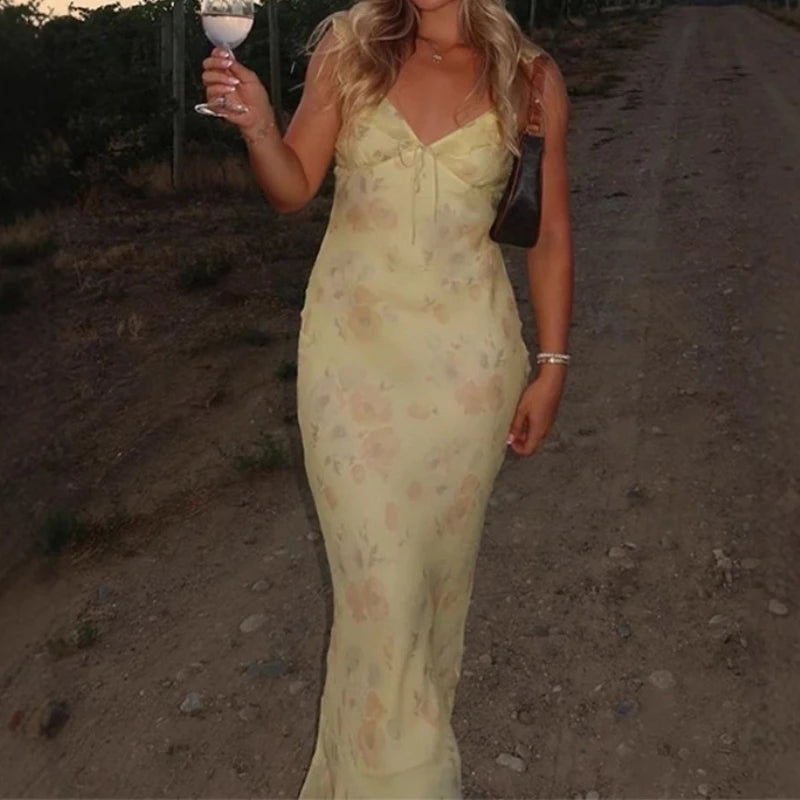 Summer Flower Printed Women's Sexy Low-cut Dress Sleeveless Backless Slim Sling Dresses 2025 Beach Vacation Lady Vestidos - Matrix-studios.com
