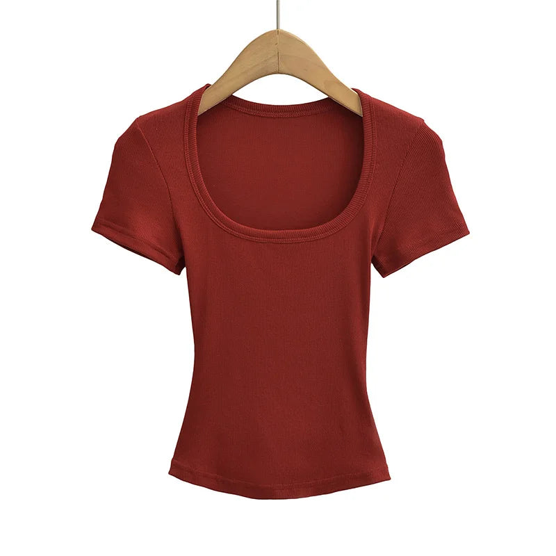 Square Collar High Stretch Summer Crop Tops Women Short Sleeve Tops Sexy Pullover Bottoming Blouses Slim T-shirt - Matrix-studios.com
