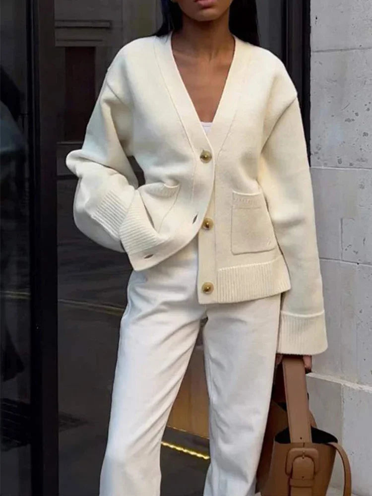Autumn Women's Cropped Cardigans V-neck Knitted Sweater Coat Long Sleeve With Pocket Casual Streetwear 2025 New Outwear Fashion - Matrix Studios