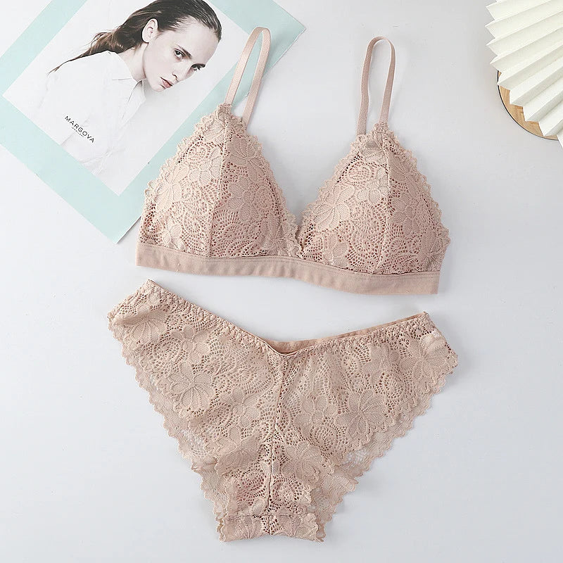 Women Lace Bra And Panties Set V-neck Push Up Bralette Sexy Lingerie Low Waist Briefs Female Non-wire Brassiere Underwear Set - Matrix-studios.com