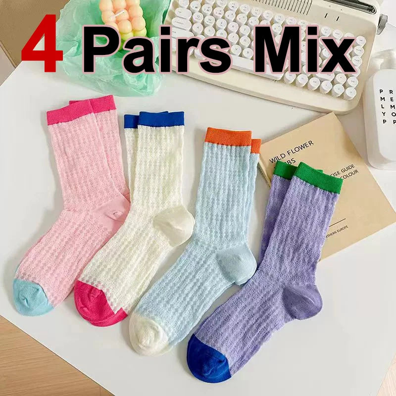 4/8 Pairs Women Solid Color Striped calf Socks Fashion Korean Version Simple Spring Summer Breathable Comfortable Stacking Socks - Matrix Studios