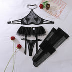 New Fashion Mesh See Through Halter Neck Lingerie Set Women Sexy Perspective Three-point Style with Stockings Shaping Split Set - Matrix-studios.com