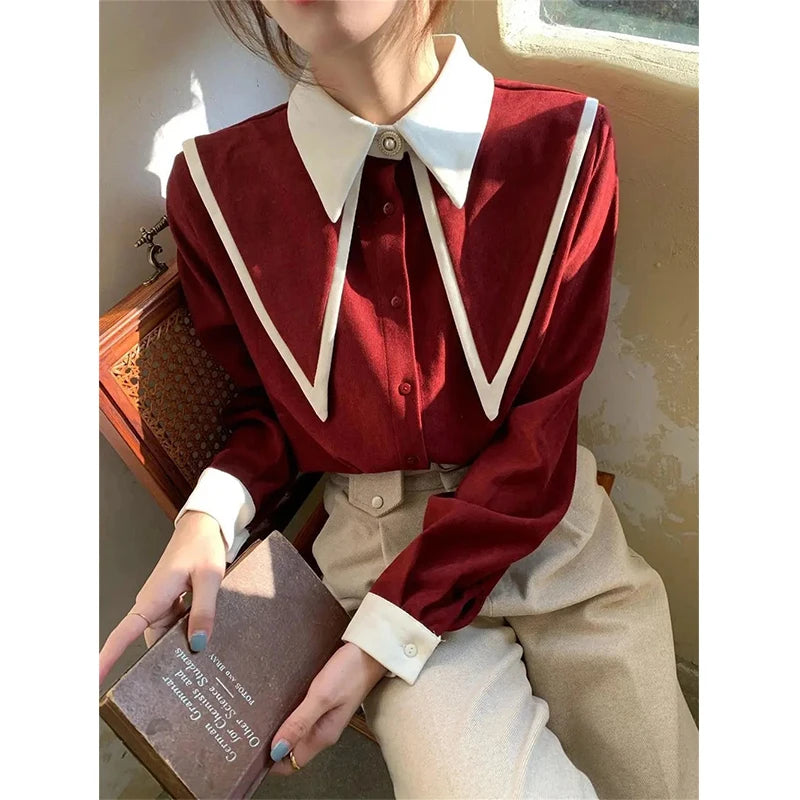 MEXZT Vintage Chiffon Shirts Women Elegant Patchwork Long Sleeve Blouses Office Lady Korean Black Turn Down Collar Casual Tops - Matrix-studios.com