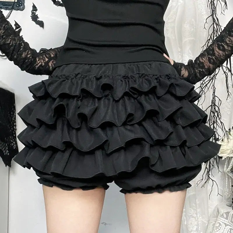 Women Skirts Tiered Ruffles Mini Skirt with Cross Charms Built-in Shorts Kawaii Sukapan Skort Gothic Punk Coquette Y2K E-girl - Matrix-studios.com