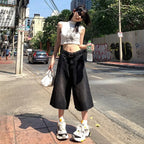 Summer American Style Vintage Women Baggy Jeans Y2k Loose Washed High Waist Knee Length Denim Pants Streetwear Wide Leg Shorts - Matrix-studios.com