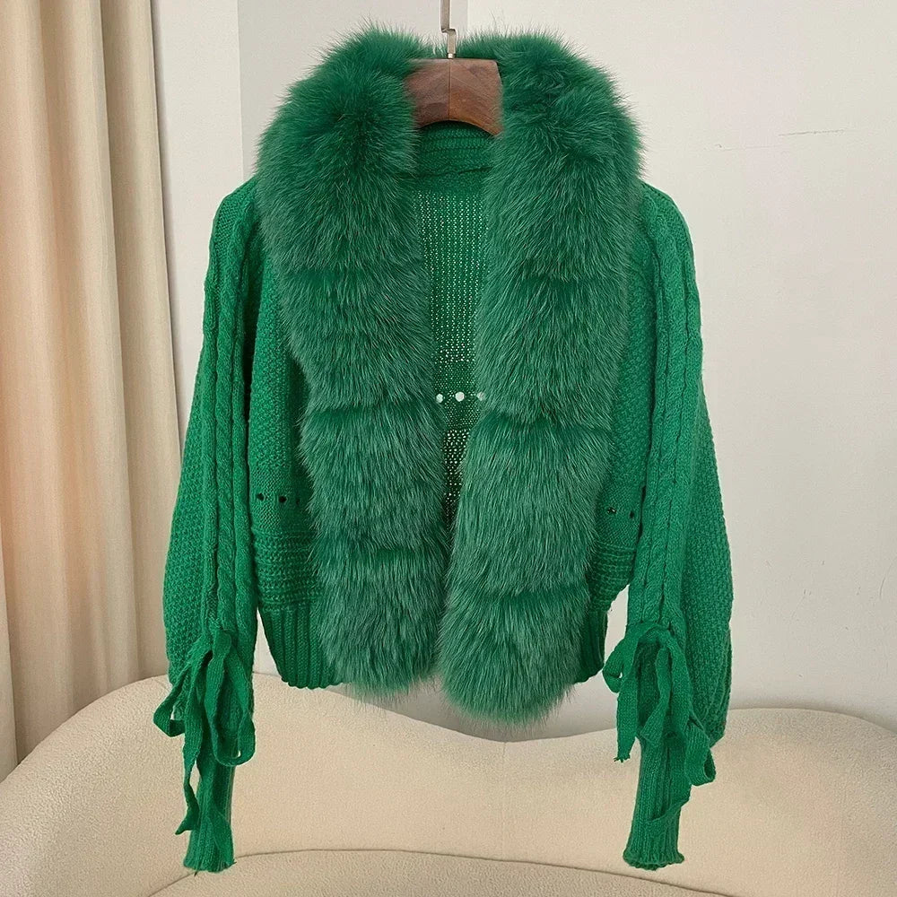 2024 Winter New Fashion Knitting Cardigan Placket Coat Women Casual Real Fox Fur Coat Short Warm Knitted Jacket with Natural Fur - Matrix Studios