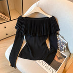 Women's Solid Color Slash Neck Ruffles Sweater Short Pullover Korean Fashion Chic Retro Style for Autumn Winter - Matrix Studios