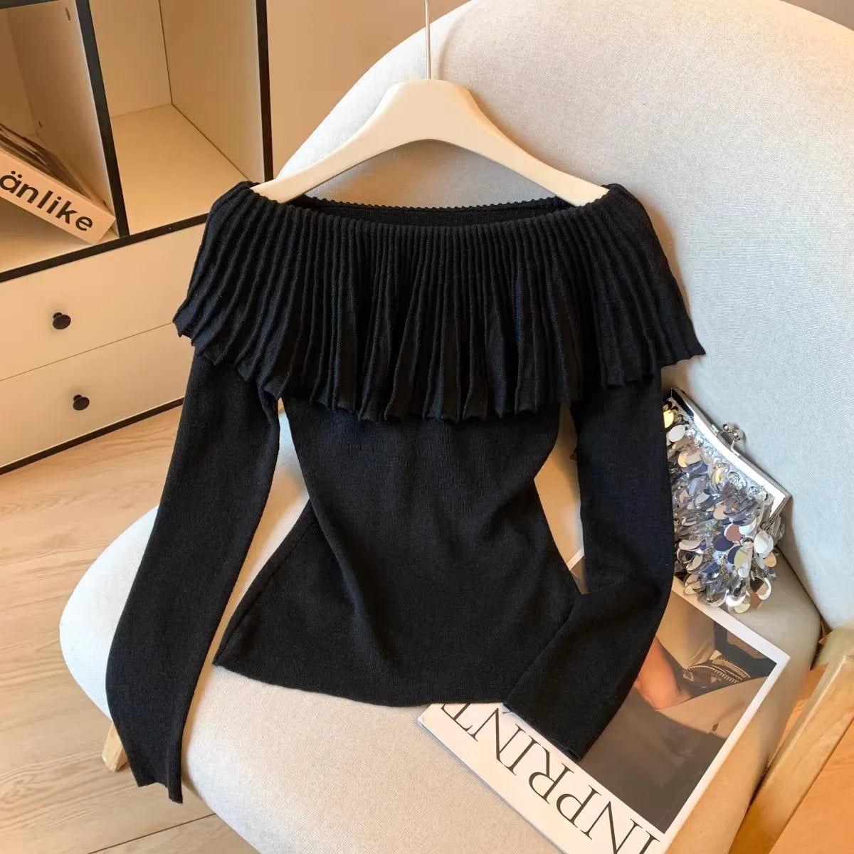 Women's Solid Color Slash Neck Ruffles Sweater Short Pullover Korean Fashion Chic Retro Style for Autumn Winter - Matrix Studios