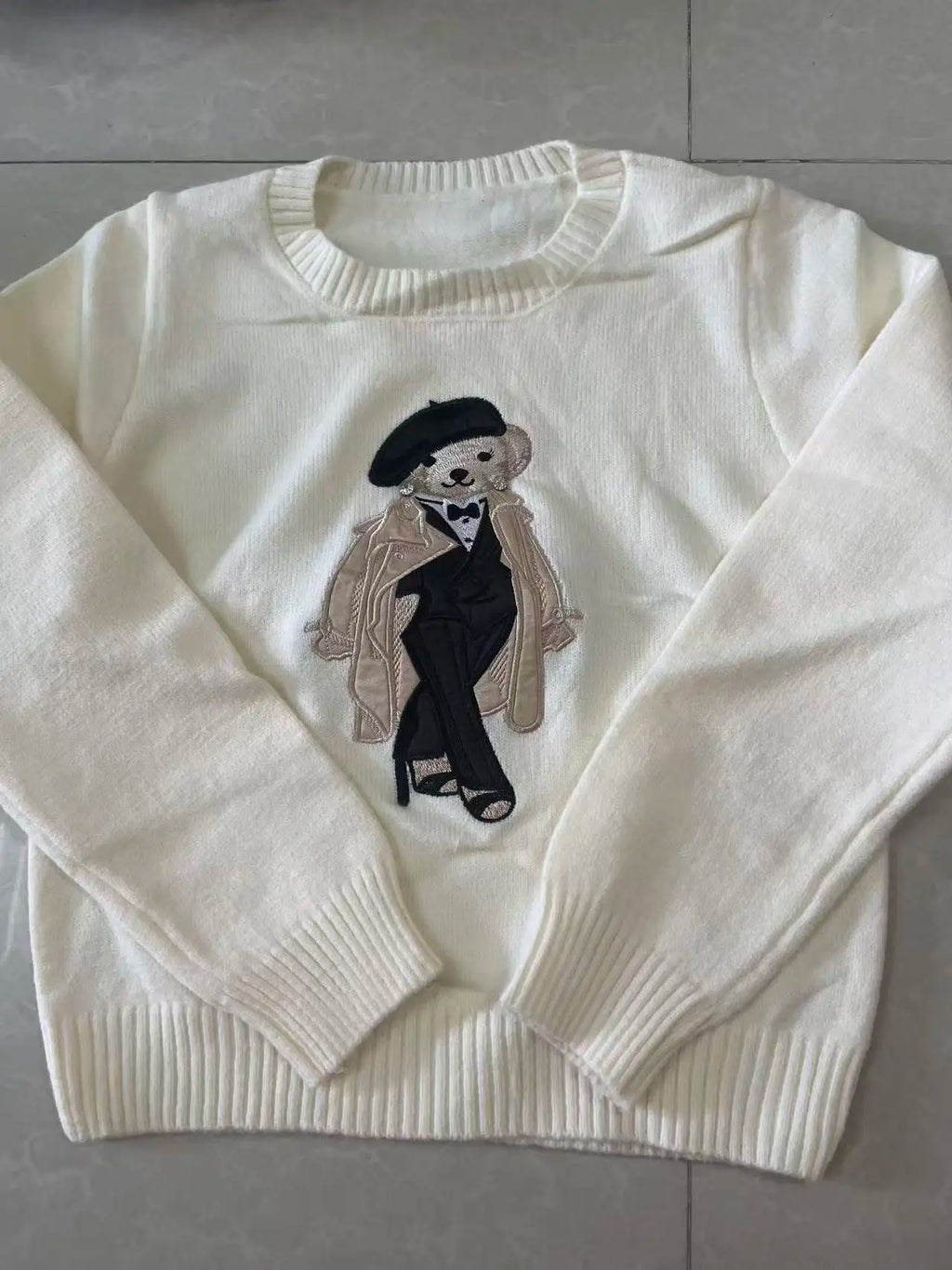 New Autumn Preppy Student Cashmere Sweater Women Cartoon Bear Embroidered O-neck Long Sleeve Pullover Top Casual Knitwear - Matrix Studios
