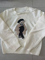 New Autumn Preppy Student Cashmere Sweater Women Cartoon Bear Embroidered O-neck Long Sleeve Pullover Top Casual Knitwear - Matrix Studios