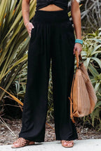 Women's casual pants with drawstring, mid waist, beach wide leg, spring and summer, European and American pants